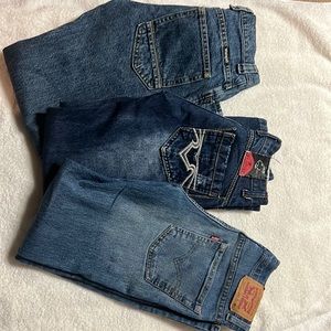 3 boys jeans wrangler size 10 regular, platini size 10 and levi size 12